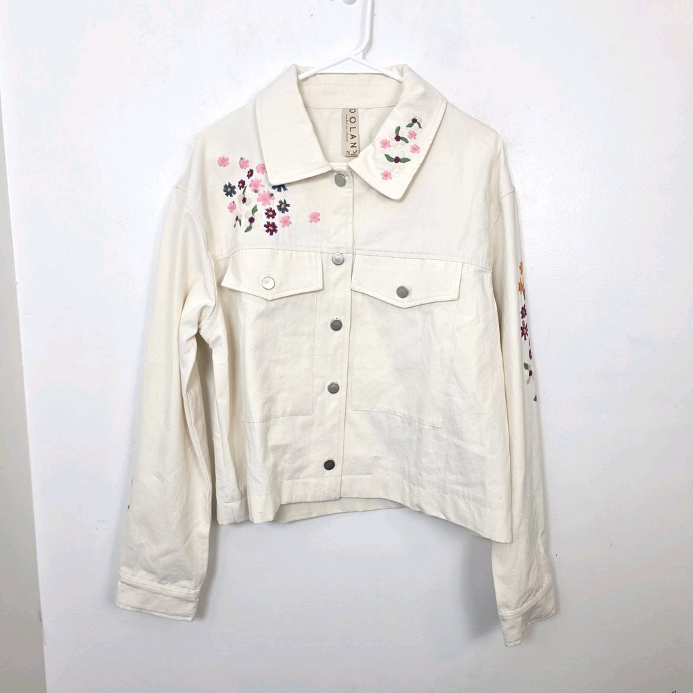 Dolan Anthropologie Cream Pink Floral Embroidered Art Denim Button Up Jacket XL
